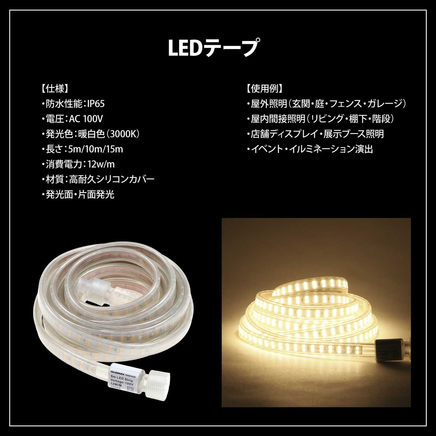 TAKEHOUSE 100v 屋内外専用LEDテープライト 5m/10m/15m(TAKE190)