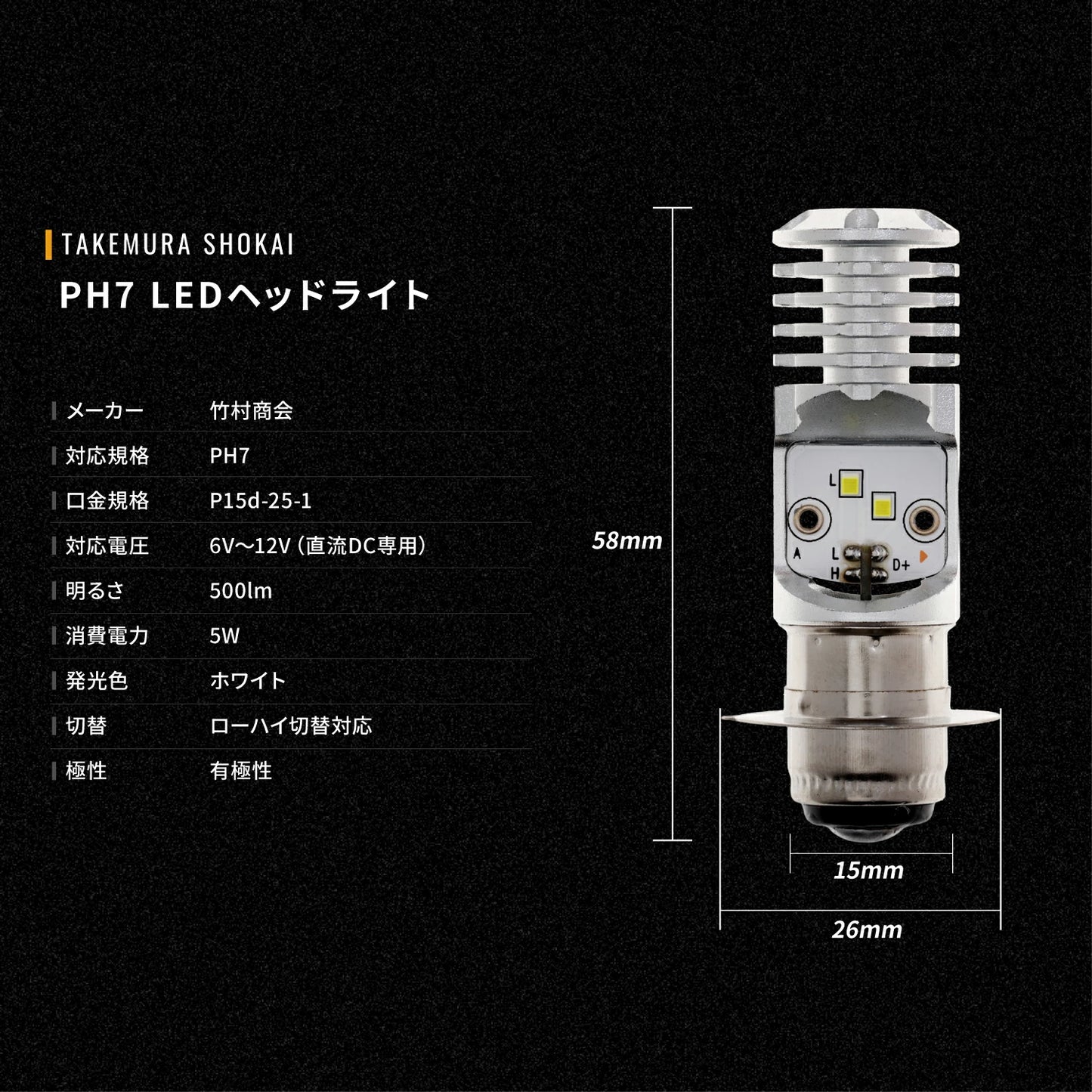 PH7 6〜12V対応 LEDヘッドライト 500lm (take195)